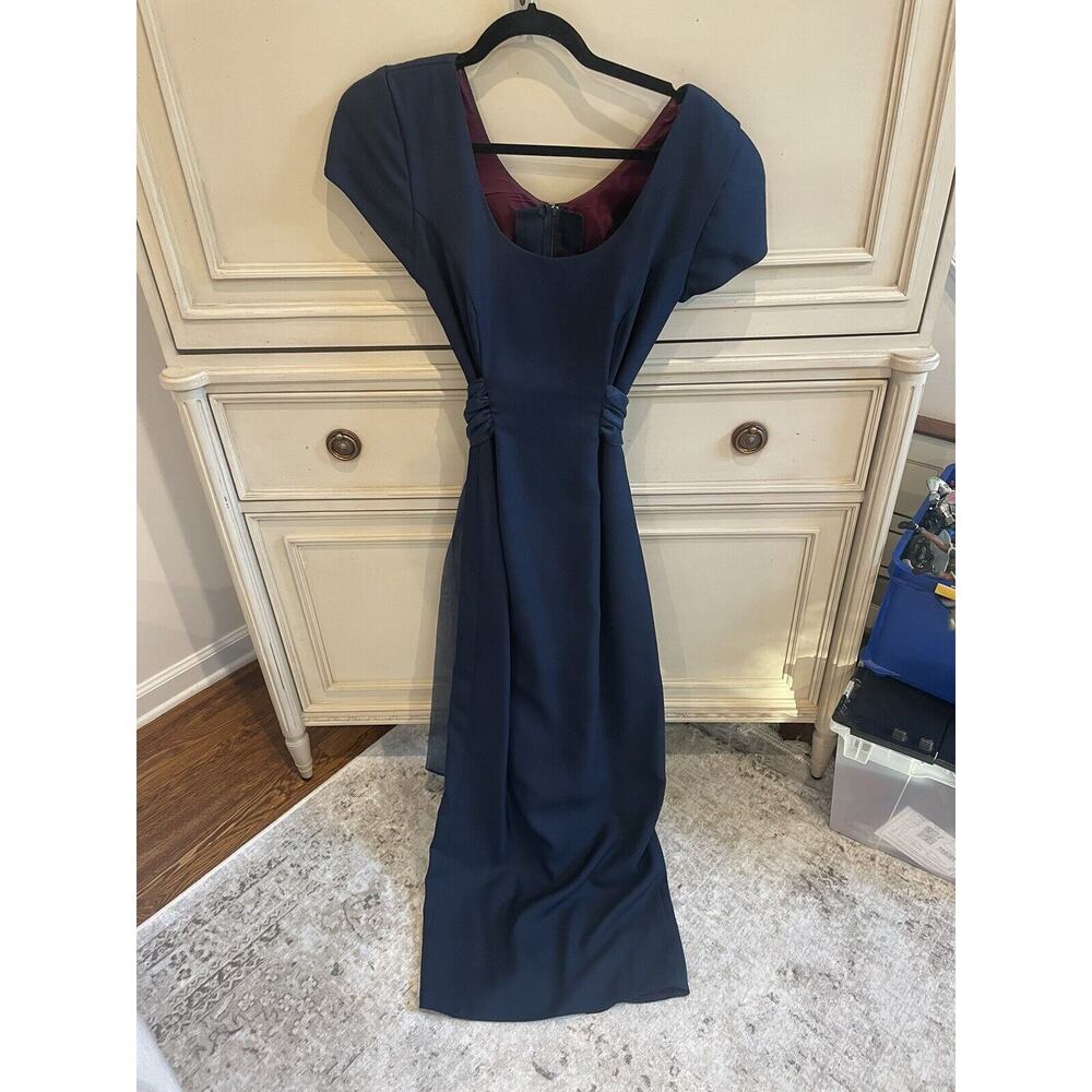 Vintage 1990s Navy Evening Gown V Neck‎ Chiffon Bow Slit Union Tag